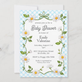 002 Cerulean Blue Floral Daisy Plaid Baby Shower Einladung