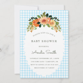 002 Cerulean Floral Gingham Baby Shower Invitation Einladung