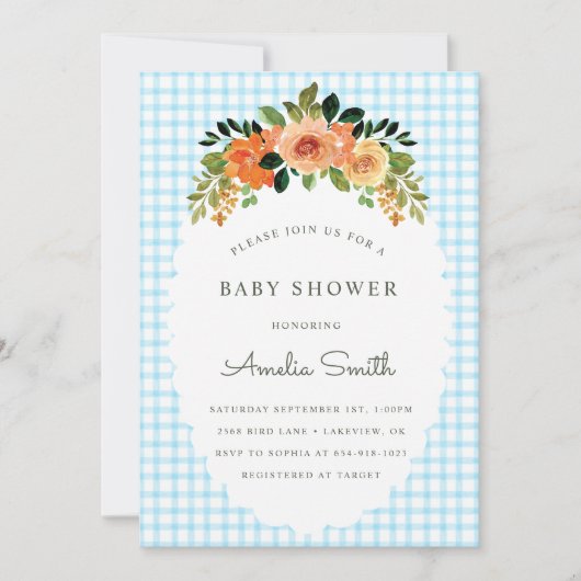 002 Cerulean Floral Gingham Baby Shower Invitation Einladung (Vorderseite)