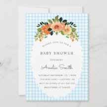 002 Cerulean Floral Gingham Babyparty-Einladung