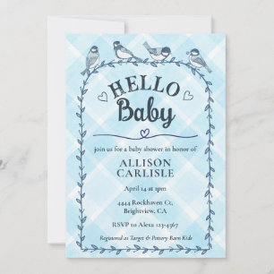 002 Cerulean Wasserfarbe Gingham Vögel Babyparty Einladung