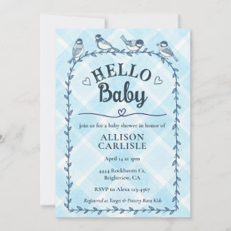 002 Cerulean Wasserfarbe Gingham Vögel Babyparty Einladung