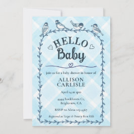 002 Cerulean Watercolor Gingham Birds Baby Shower Einladung