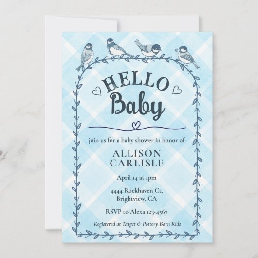 002 Cerulean Watercolor Gingham Birds Baby Shower Einladung (Vorderseite)