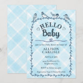 002 Cerulean Watercolor Gingham Birds Baby Shower Einladung (Vorne/Hinten)