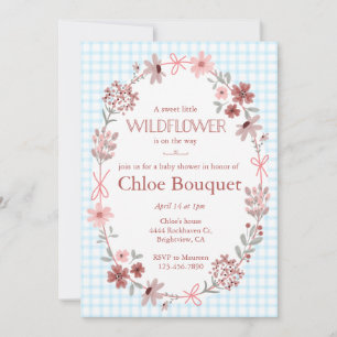 002 Cerulean Wilde Blüten Schleife Gingham Baby-Pa Einladung