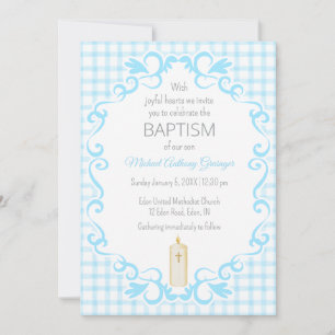 002 Himmelblaue Scroll Gingham Kreuz Kerze Taufe Einladung