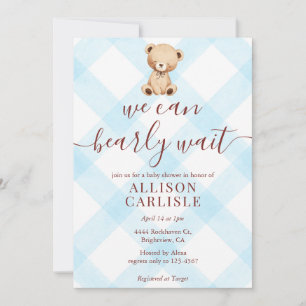 002 Himmelblauer Teddybär Gingham-Baby-Party Einladung