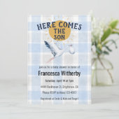 003 Cobalt 020 Fog Sun Plaid Stork Baby Shower Einladung (Stehend Vorderseite)