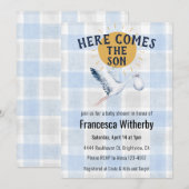 003 Cobalt 020 Fog Sun Plaid Stork Baby Shower Einladung (Vorne/Hinten)