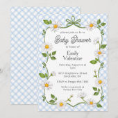 003 Cobalt Blue Floral Daisy Plaid Baby Shower Einladung (Vorne/Hinten)