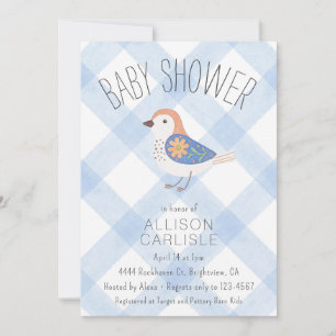 003 Cobalt Cute Floral Bird Gingham Baby Shower Einladung