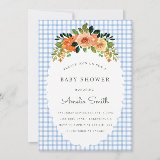 003 Cobalt Floral Gingham Baby Shower Invitations Einladung (Vorderseite)