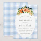 003 Cobalt Floral Gingham Baby Shower Invitations Einladung (Vorne/Hinten)