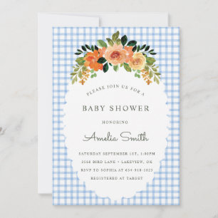 003 Kobalt Blumen-Gingham-Baby-Shower-Einladungen Einladung