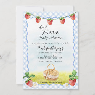 003 Kobaltblaue Erdbeeren-Picknick-Baby-Party Einladung