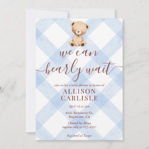 003 Kobaltblaue Teddybär-Gingham-Babyparty Einladung