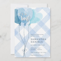 003 Kobaltblaues Herzballon-Gingham-Baby-Shower