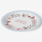 003 Kobaltblaues Wildblumen-Bogen-Frame Gingham Pappteller (Schrägansicht)