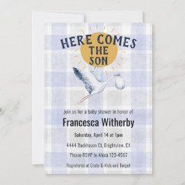 004 Indigo 020 Fog Sun Plaid Stork Baby Shower Einladung