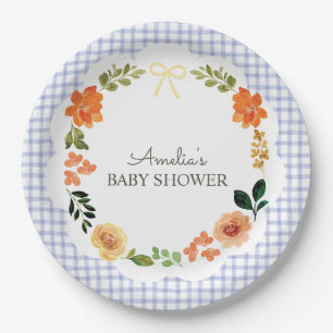 004 Indigo Blau Florales Gingham-Baby-Shower Pappteller