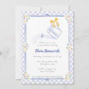 004 Indigo Blau Gingham Gießkanne Babyparty Einladung