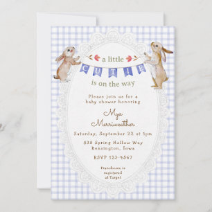 004 Indigo Blau Süßes Häschen Gingham Babyparty Einladung