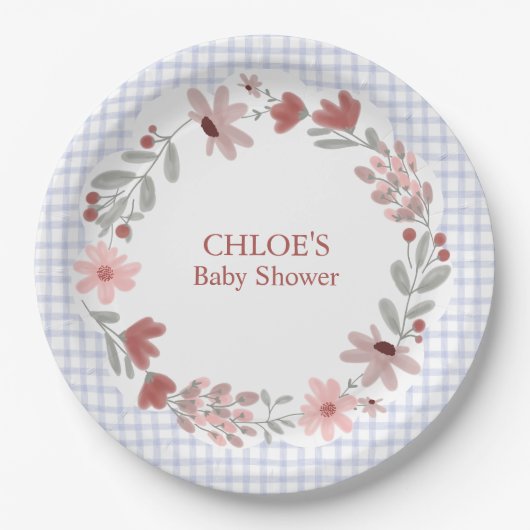 004 Indigo Blau Wildblumen-Bogenrahmen Gingham Pappteller (Vorderseite)