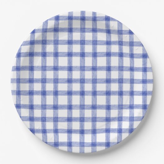 004 Indigo Blaue Aquarell Gingham L Papier Teller (Vorderseite)