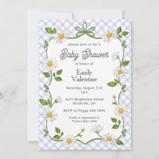 004 Indigo Blaue Florale Daisy Karierte Babyparty- Einladung
