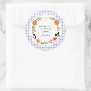 004 Indigo Blaues Blumen-Gingham-Baby-Shower Runder Aufkleber