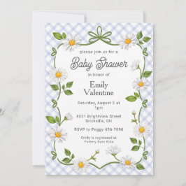 004 Indigo Blue Floral Daisy Plaid Baby Shower Einladung