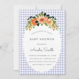 004 Indigo Floral Gingham Baby Shower Invitations Einladung