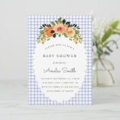 004 Indigo Floral Gingham Baby Shower Invitations Einladung (Stehend Vorderseite)