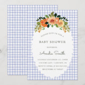 004 Indigo Floral Gingham Baby Shower Invitations Einladung (Vorne/Hinten)