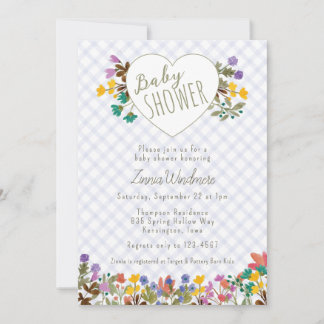 004 Indigo Gingham Garten Herz Blumen Baby-Party Einladung