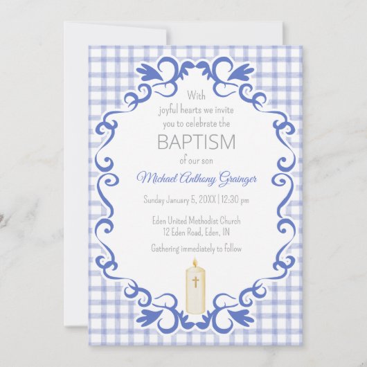 004 Indigo Scroll Gingham Kreuz Taufkerze Einladung (Vorderseite)