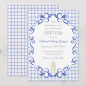 004 Indigo Scroll Gingham Kreuz Taufkerze Einladung (Vorne/Hinten)