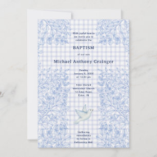 004 Indigo-Taube Botanischer Kreuz-Gingham-Taufe Einladung