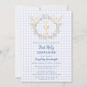 004 Indigo-Taube & Chalice Gingham Erstkommunion Einladung