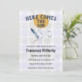 005 Iris 020 Fog Sun Plaid Stork Baby Shower Einladung (Stehend Vorderseite)