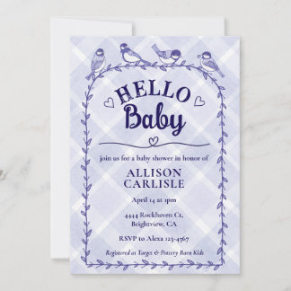 005 Iris Aquarell-Gingham-Vögel Baby Shower Einladung