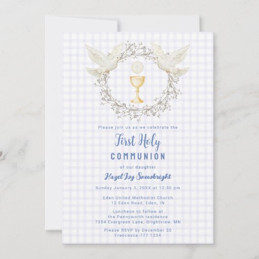 005 Iris Dove & Chalice Gingham Erstkommunion Einladung (Vorderseite)