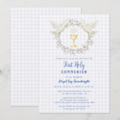 005 Iris Dove & Chalice Gingham Erstkommunion Einladung (Vorne/Hinten)