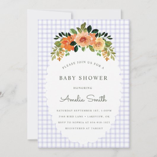 005 Iris Floral Gingham Baby Shower Invitations Einladung (Vorderseite)
