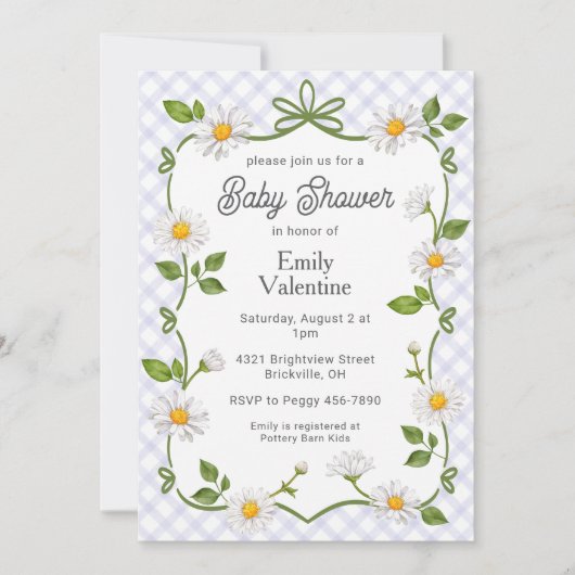 005 Iris Lavendel Blumen-Gingham-Babyparty Einladung (Vorderseite)