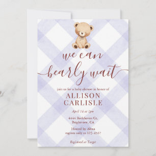 005 Iris Lavendel Teddybär Gingham Baby Shower Einladung