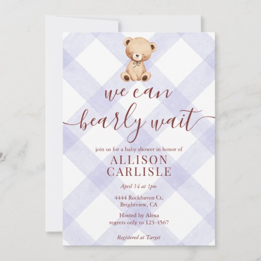 005 Iris Lavendel Teddybär Gingham Baby Shower Einladung (Vorderseite)