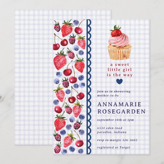 005 Iris Lila Beeren-Patch-Cupcake-Baby-Party Einladung (Vorne/Hinten)
