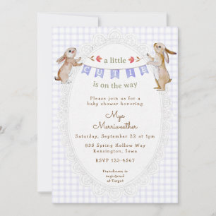 005 Iris Lila Süße Häschen Gingham Babyparty Einladung